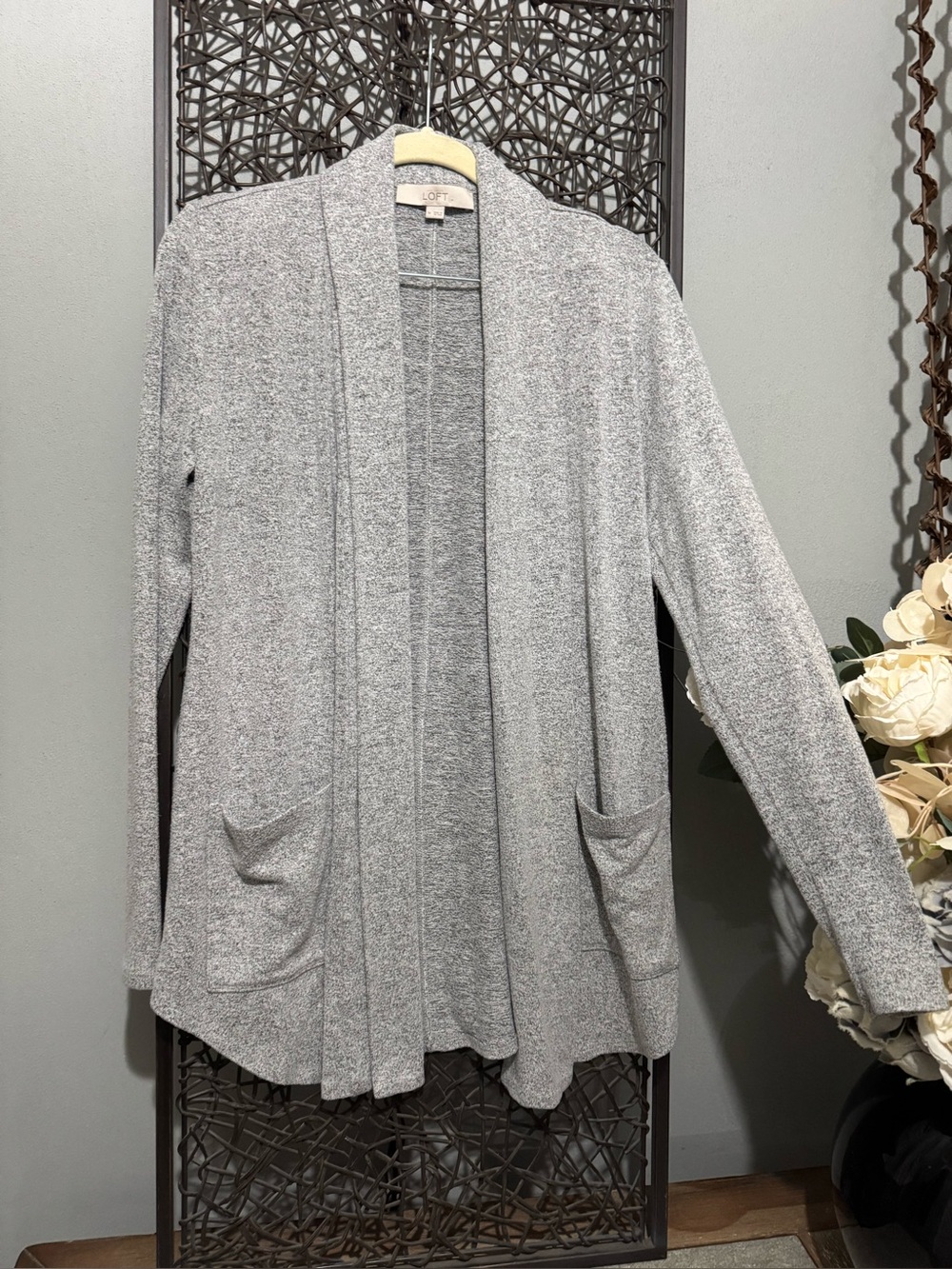 LOFT Gray Marled Open-Front Longline Cardigan Sweater Pockets Size M